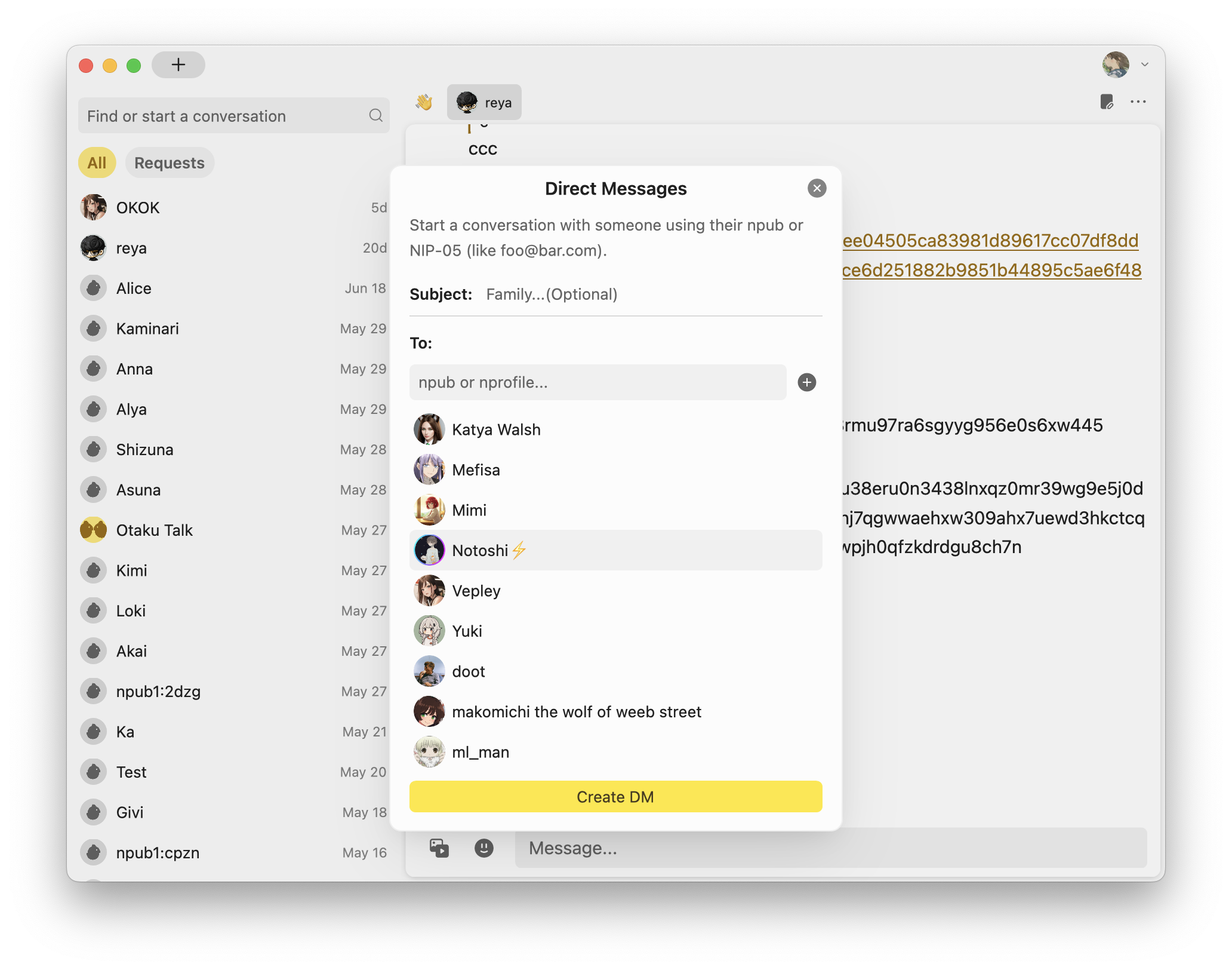 Coop chat interface with direct messages dialog